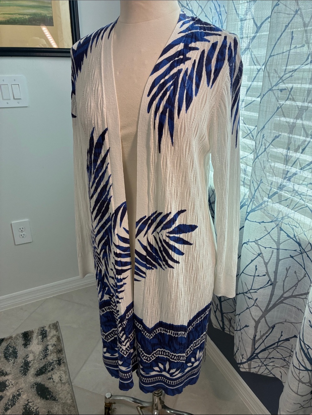 Chico’s White and Blue Leaf-Print Open Front Long Cardigan